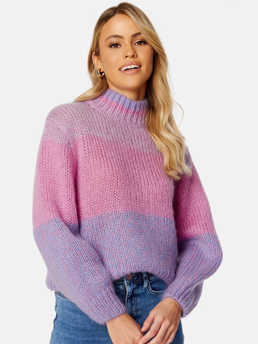 Cozy Pink & Lavender Mock Neck Colorblock Sweater